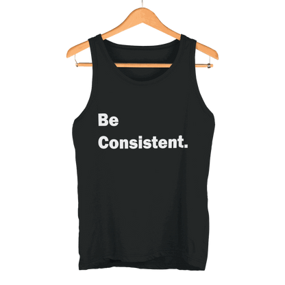 Be Consistent Tank Top with motivational text in black on a gray sleeveless activewear shirt.