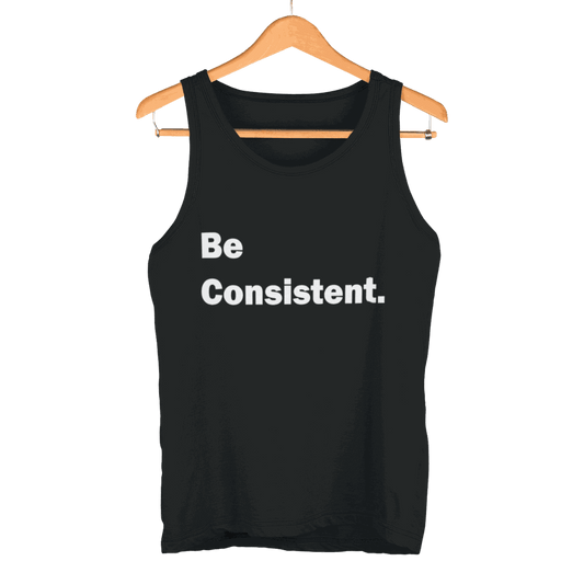 Be Consistent Tank Top with motivational text in black on a gray sleeveless activewear shirt.