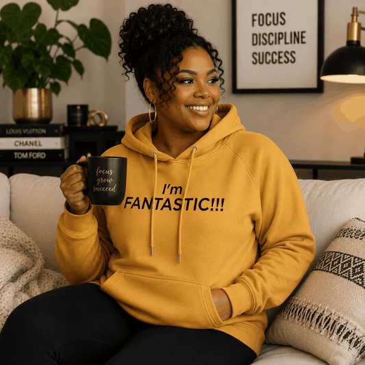 Person wearing a vibrant "I'm Fantastic Hoodie" showcasing bold, empowering style and authenticity.