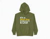 Olive green hoodie with "It's a New Day Embrace it & Live!" motivational text in white and yellow on front