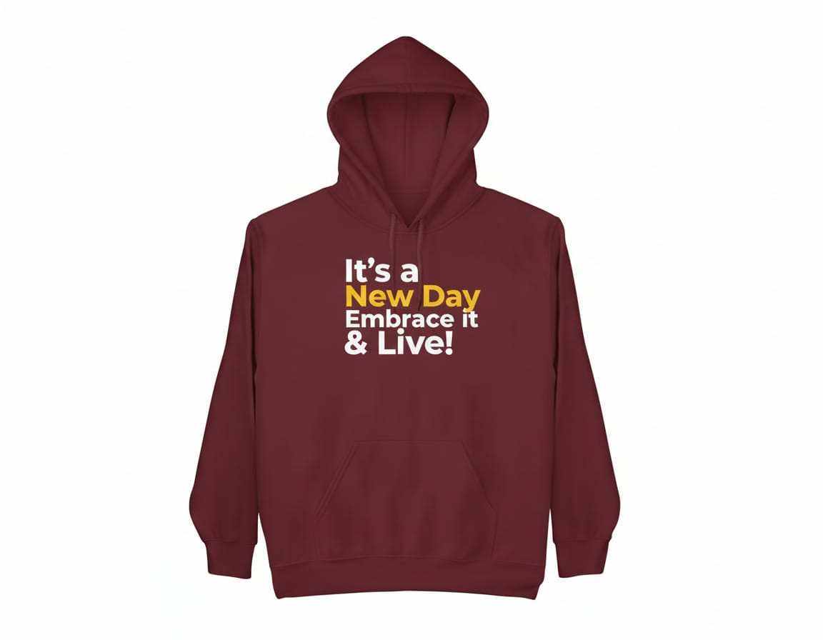 Motivational hoodie with "It’s a New Day Embrace it & Live" graphic for positive casual wear