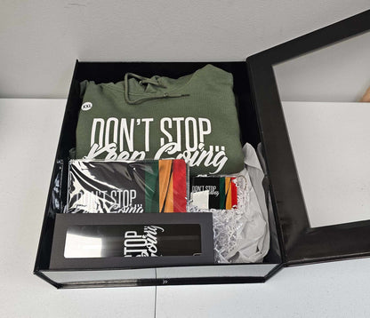 GCA Unlimited Apparel College Gift Box with hoodie, tumbler, mouse pad, and keychain for college students
