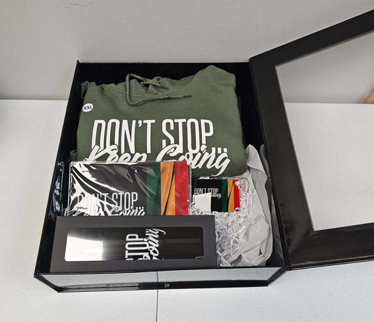 GCA Unlimited Apparel College Gift Box with hoodie, tumbler, mouse pad, and keychain for college students