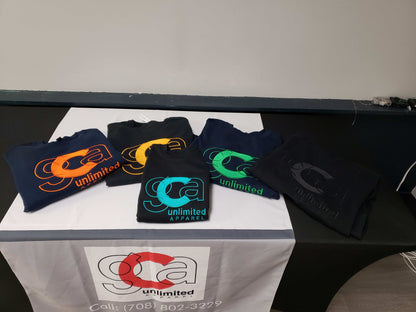 Folded Comfortable GCA Unlimited sweatshirts with colorful logos on a table with branded cloth and contact number