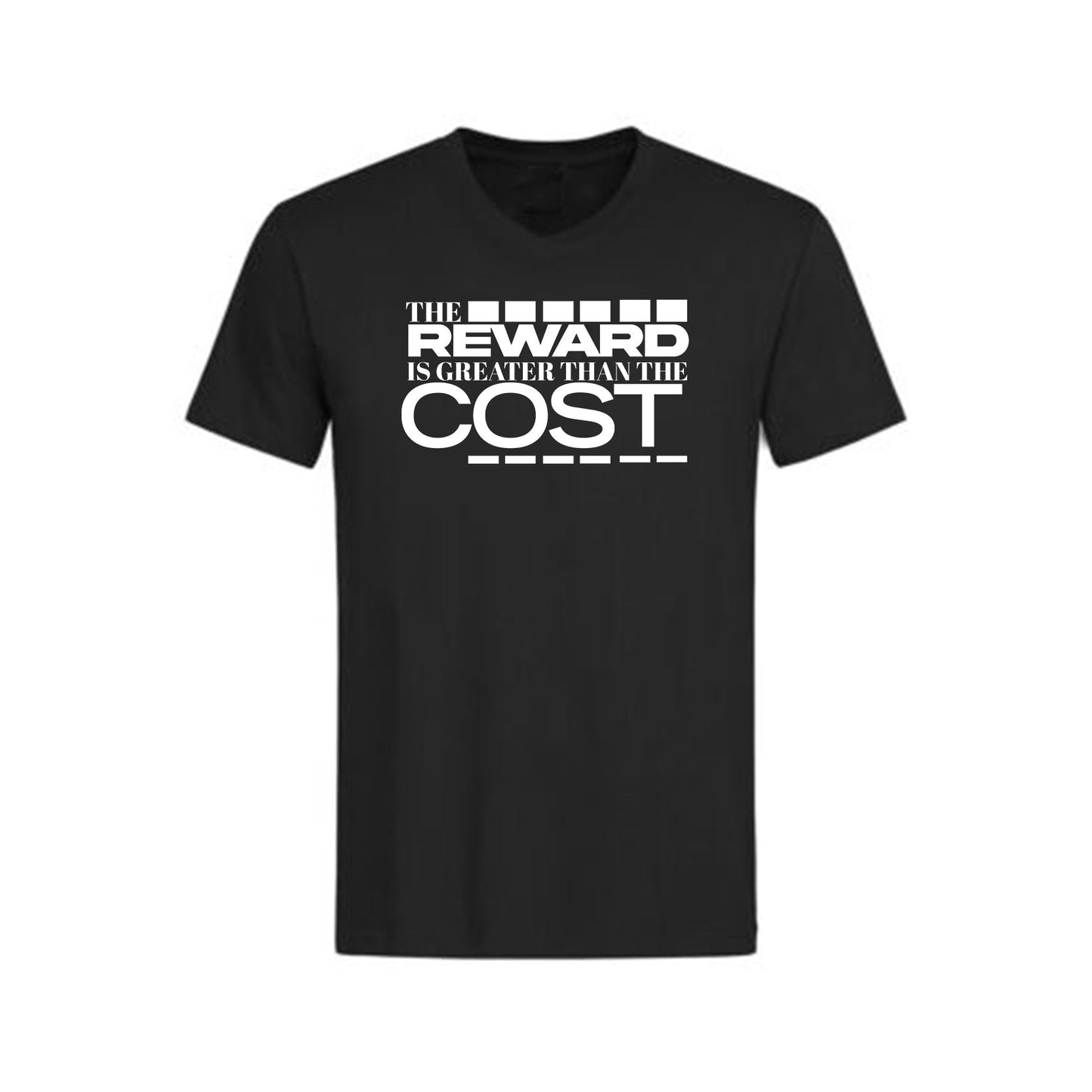 Black Performance Short Sleeve T-shirt with "The Reward is Greater Than the Cost" text design