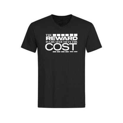 Black Performance Short Sleeve T-shirt with "The Reward is Greater Than the Cost" text design
